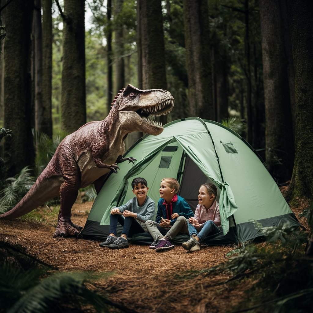 this is an image of Dinosaur Camping tent and the kids who are enjoying their camping journey