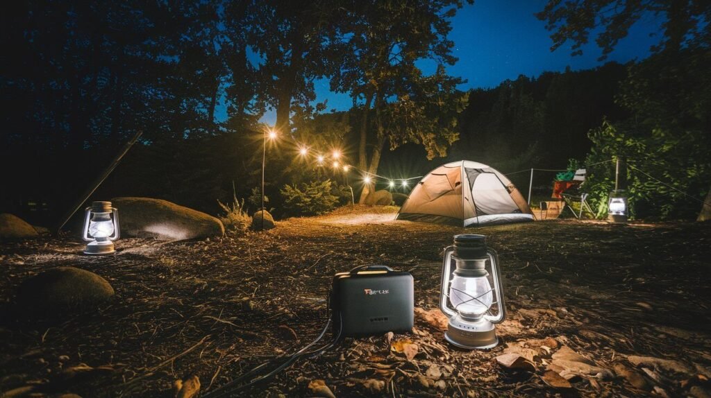 A campsite illuminated with solar-powered lights and lanterns during the night, with a portable power bank on the side.