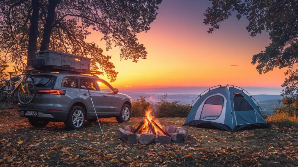 The Image of  a  serene car camping scene with a parked vehicle, a tent set up nearby, and a campfire burning as the sun sets over a picturesque landscape.